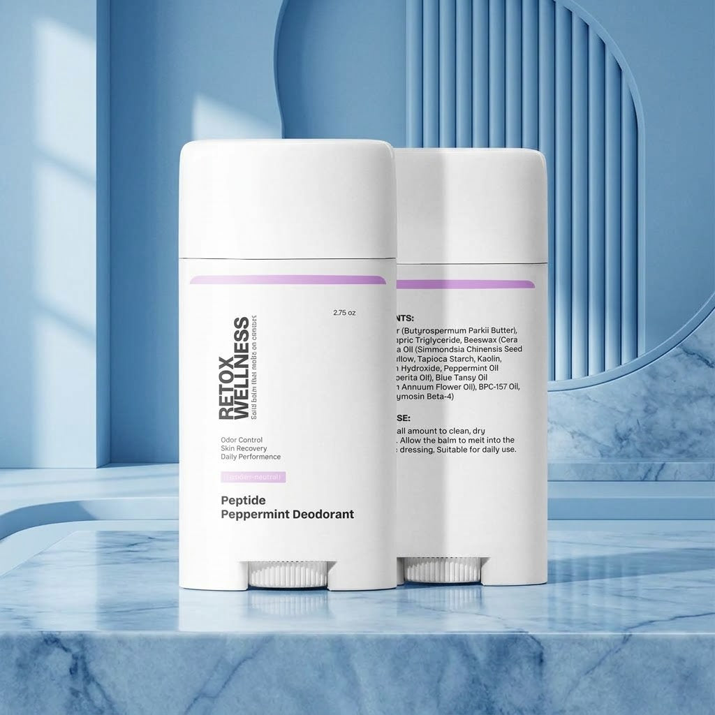 Two white deodorant sticks from VTS Beauty & Wellness, labeled Peptide Peppermint Deodorant.