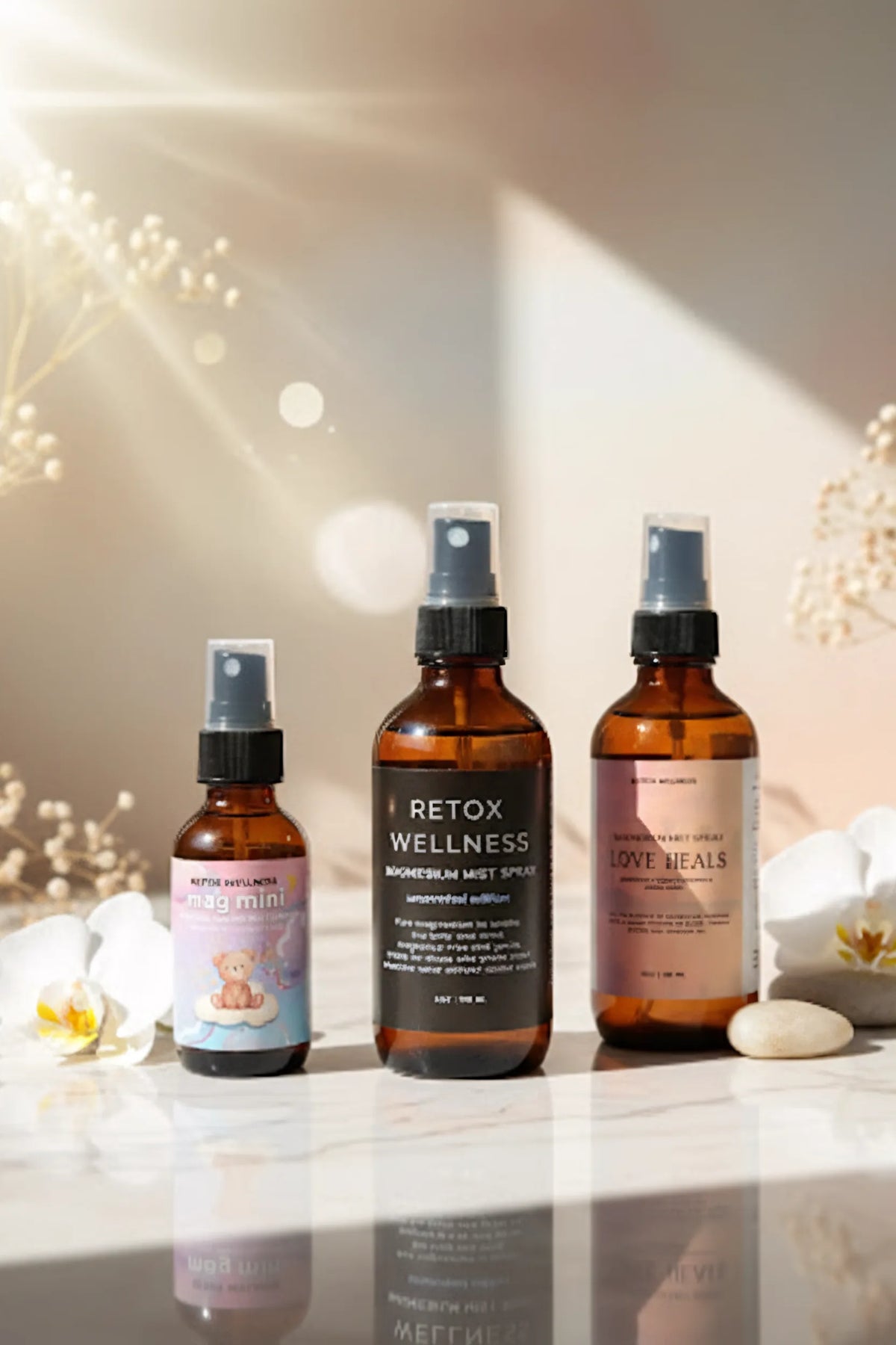 Three amber glass spray bottles from Retox Wellness'mag mini' bottle on the left and a larger 'LOVE HEALS' bottle