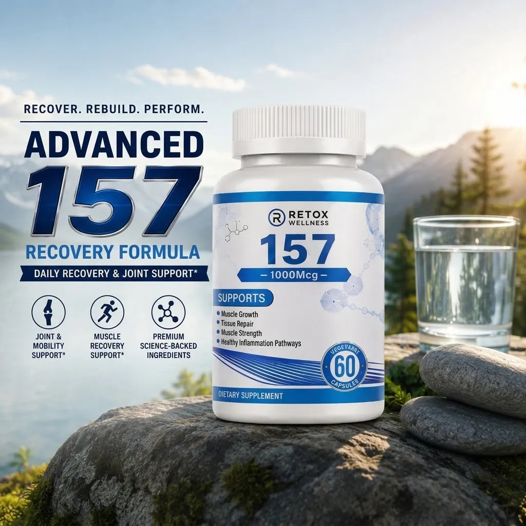 A bottle of REXTO HEALTH 157 Advanced Recovery Formula supplement is shown on a rock outdoors 