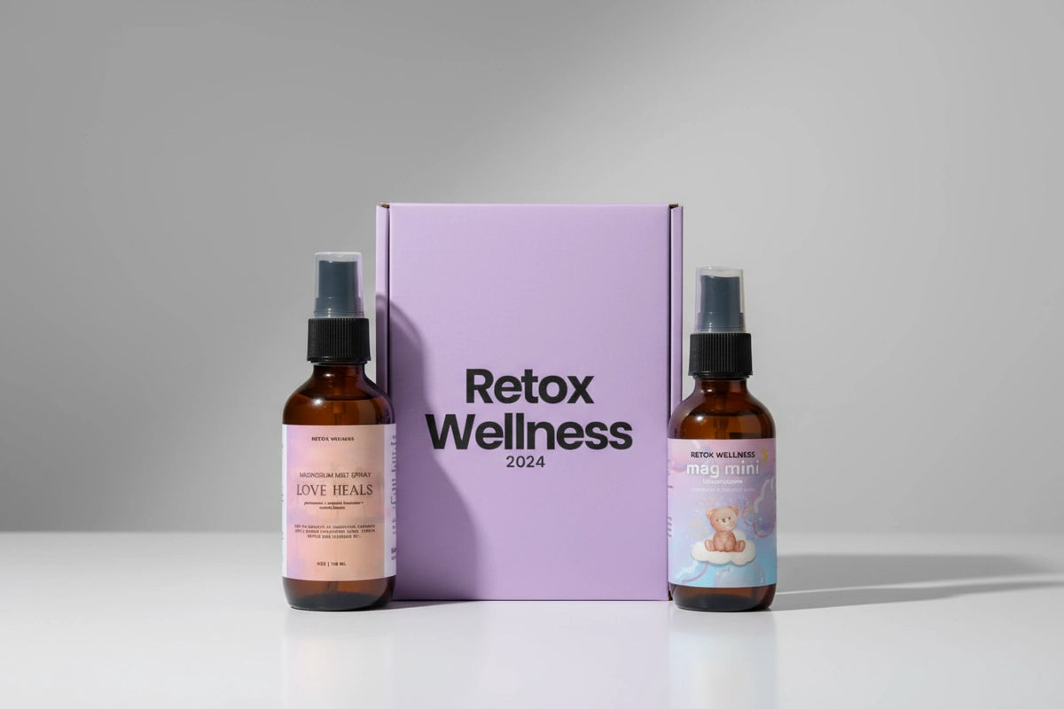 A product set featuring a lavender box labeled 'Retrox Wellness 2024' flanked by two amber spray bottles 