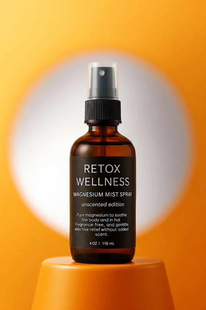 A 4 oz amber glass spray bottle of Retox Wellness Magnesium Mist Spray.