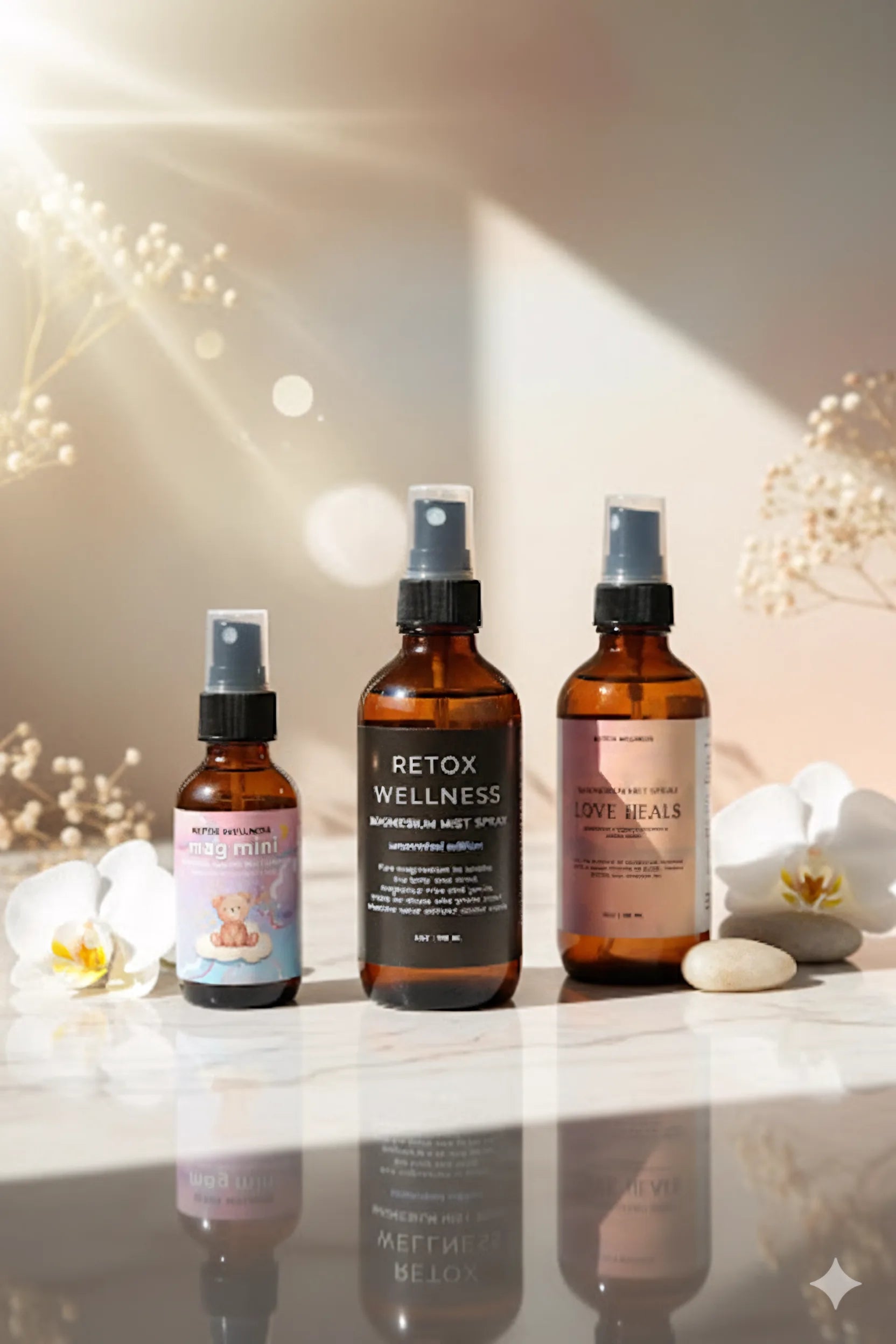 Three amber spray bottles from the brand Retox Wellness are lined up on a reflective white surface.