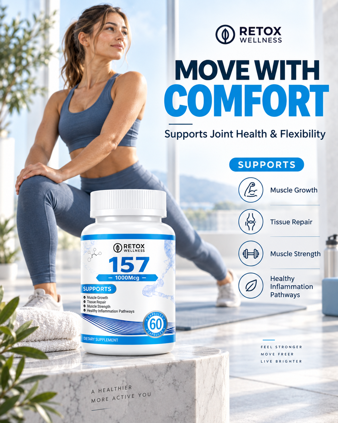 A woman in athletic wear sits by a window in a bright room, with a bottle of REXOTOX WELLNESS.