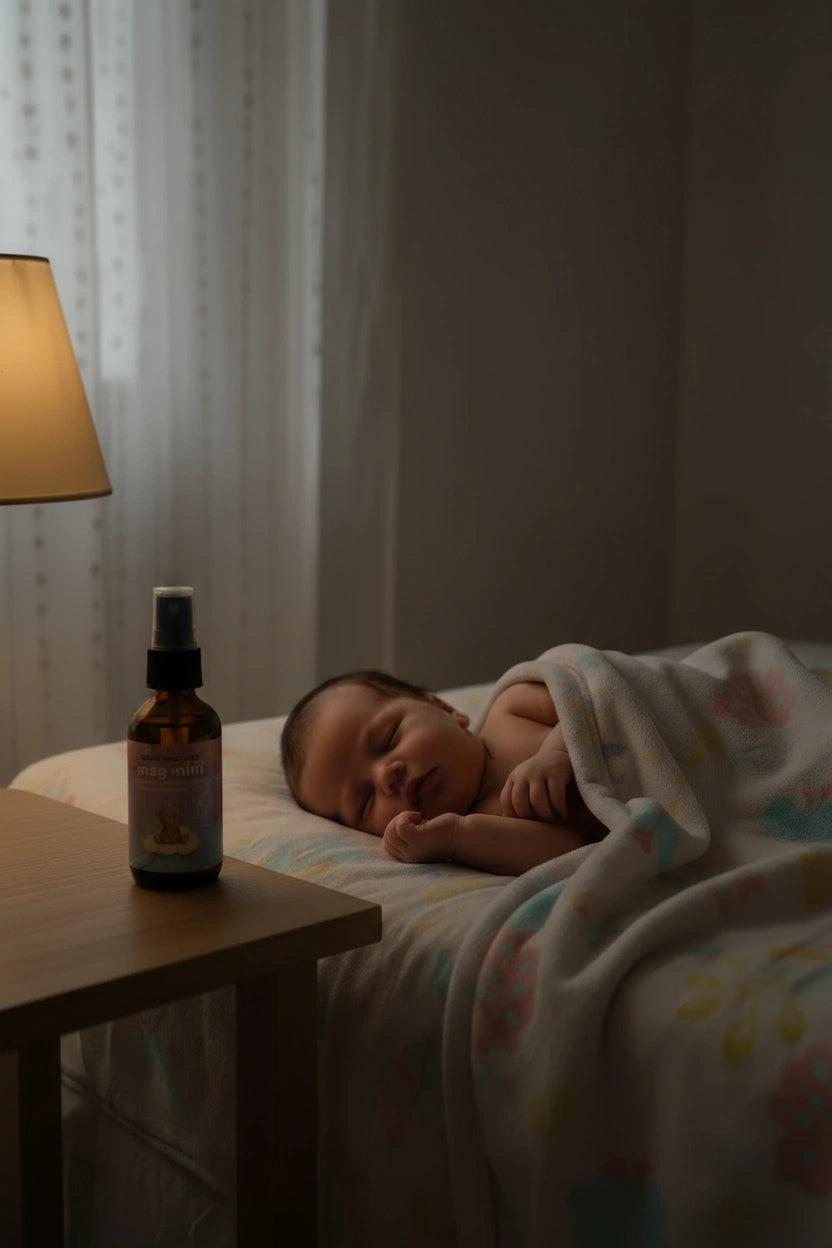 A sleeping baby lies under a pastel patterned blanket on a bed in a dimly lit room.