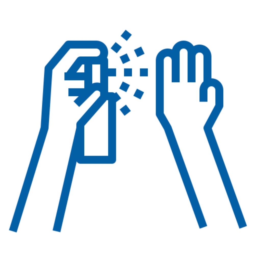 A blue line icon showing two hands, one with a fist and one with an open palm, 
