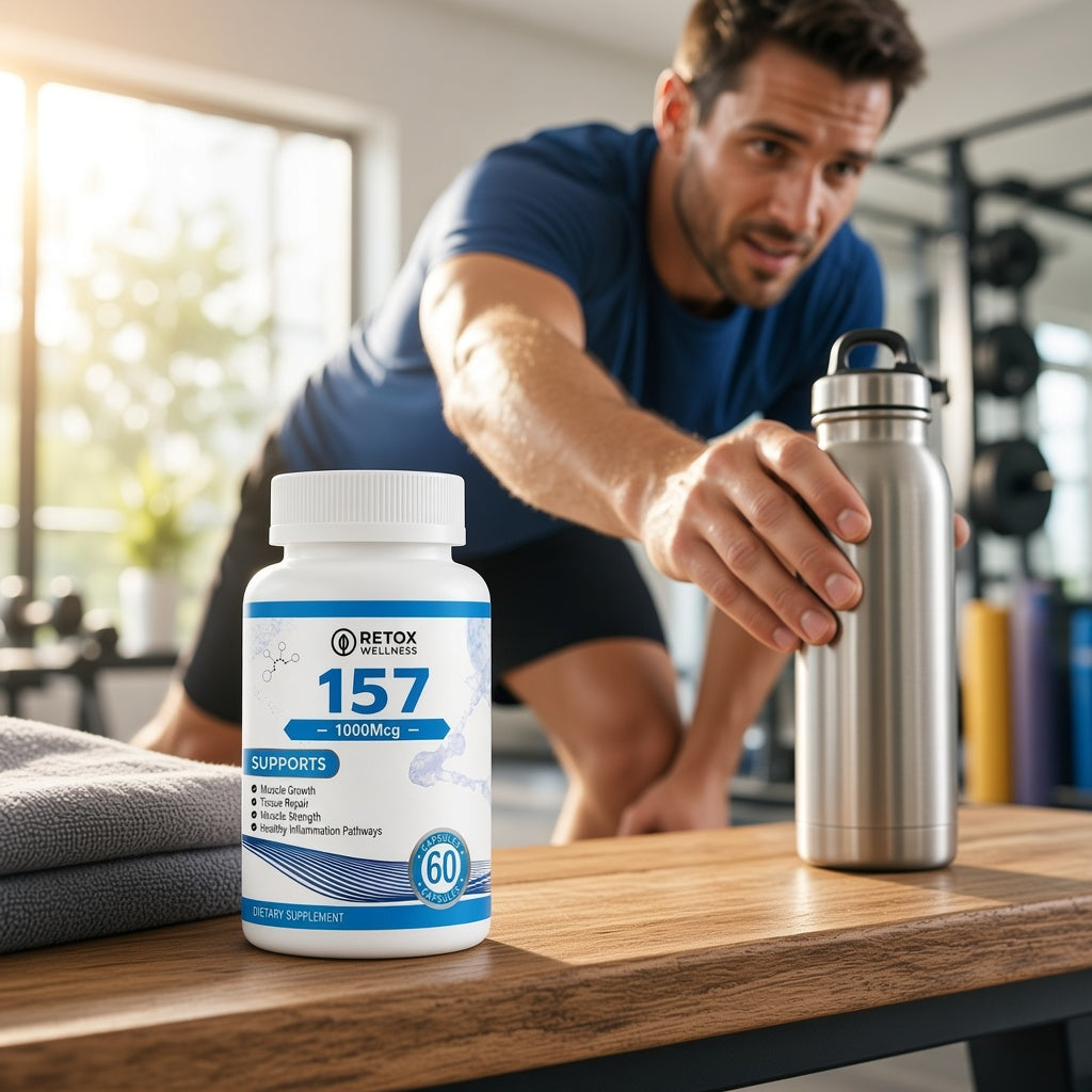 A man in a gym reaches for a stainless steel water bottle on a wooden table 