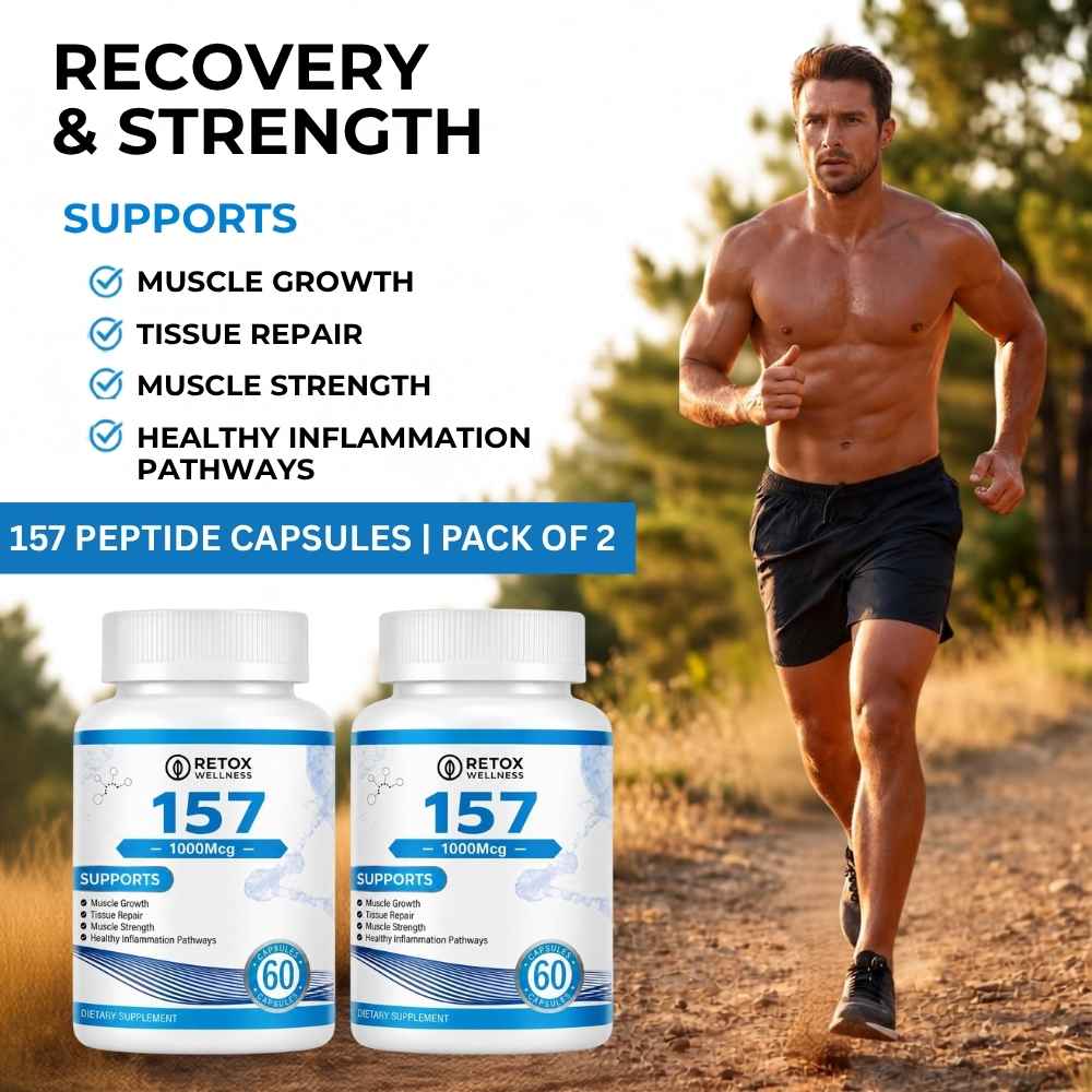 Two bottles of Detox Labs 157 Peptide Capsules shown in the foreground, 