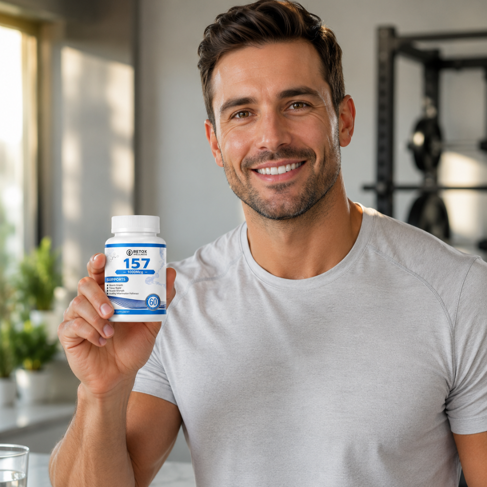 'Body 157' supplements in a bright, modern gym setting.