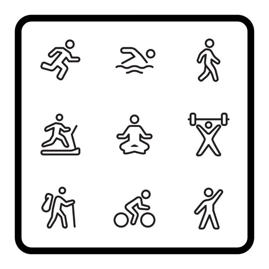 A set of nine black line-art fitness icons arranged in a 3x3 grid on a white background.