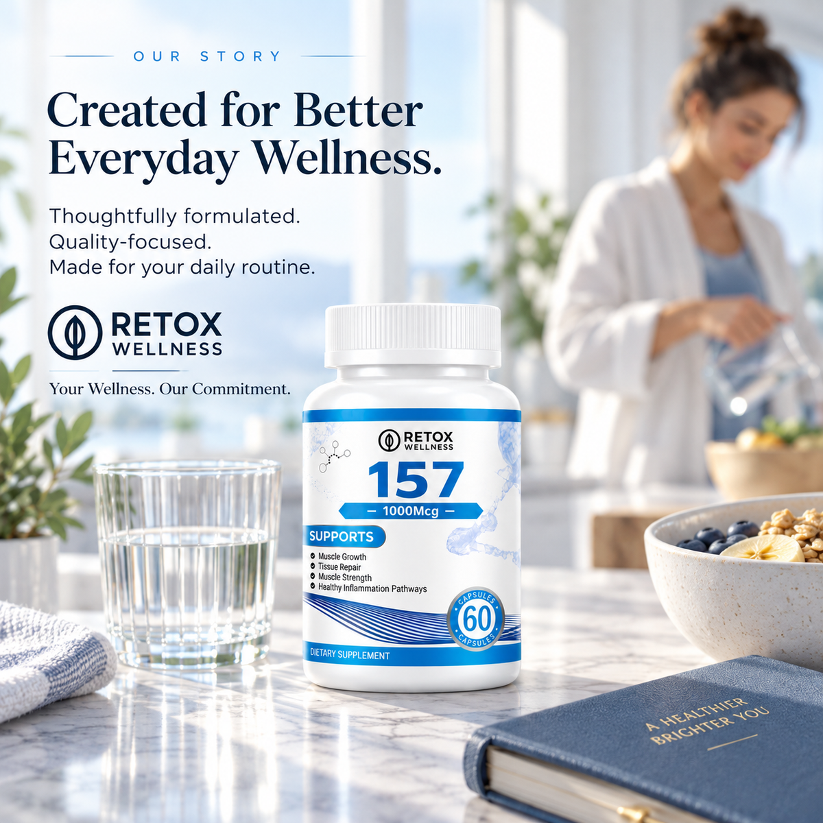 A bottle of Retox Wellness 157 dietary supplement is displayed on a marble countertop with a glass of water.