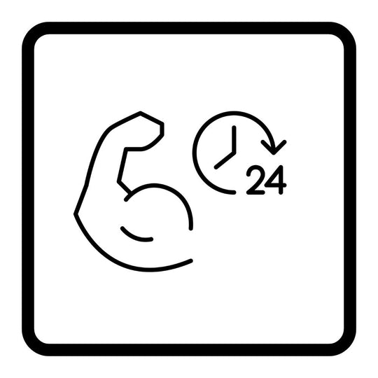 A minimalist black line icon featuring a flexed bicep and a clock with the number 24, 