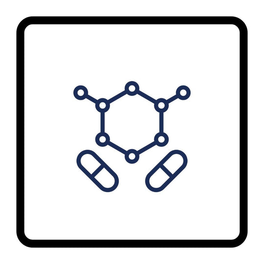 A minimalist dark blue line icon depicting a chemical structure above two capsules.