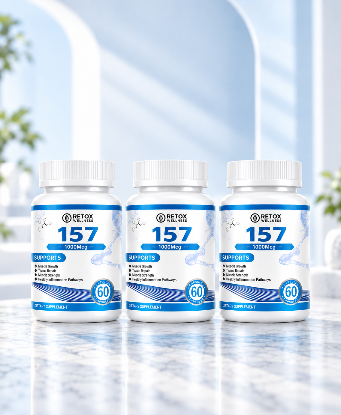 Three white bottles of Detox Solutions 157 dietary supplement arranged side.