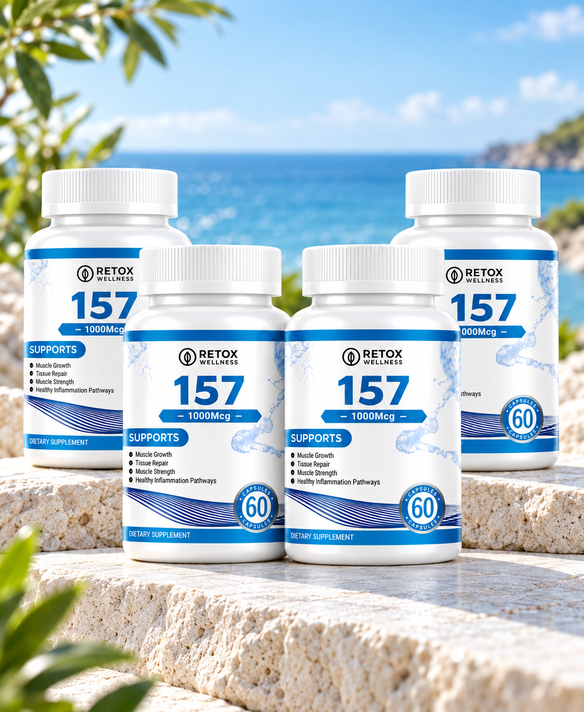 The photo depicts a 4 retox wellness product showing peptide 157 capsule perbotle 60 capsules .