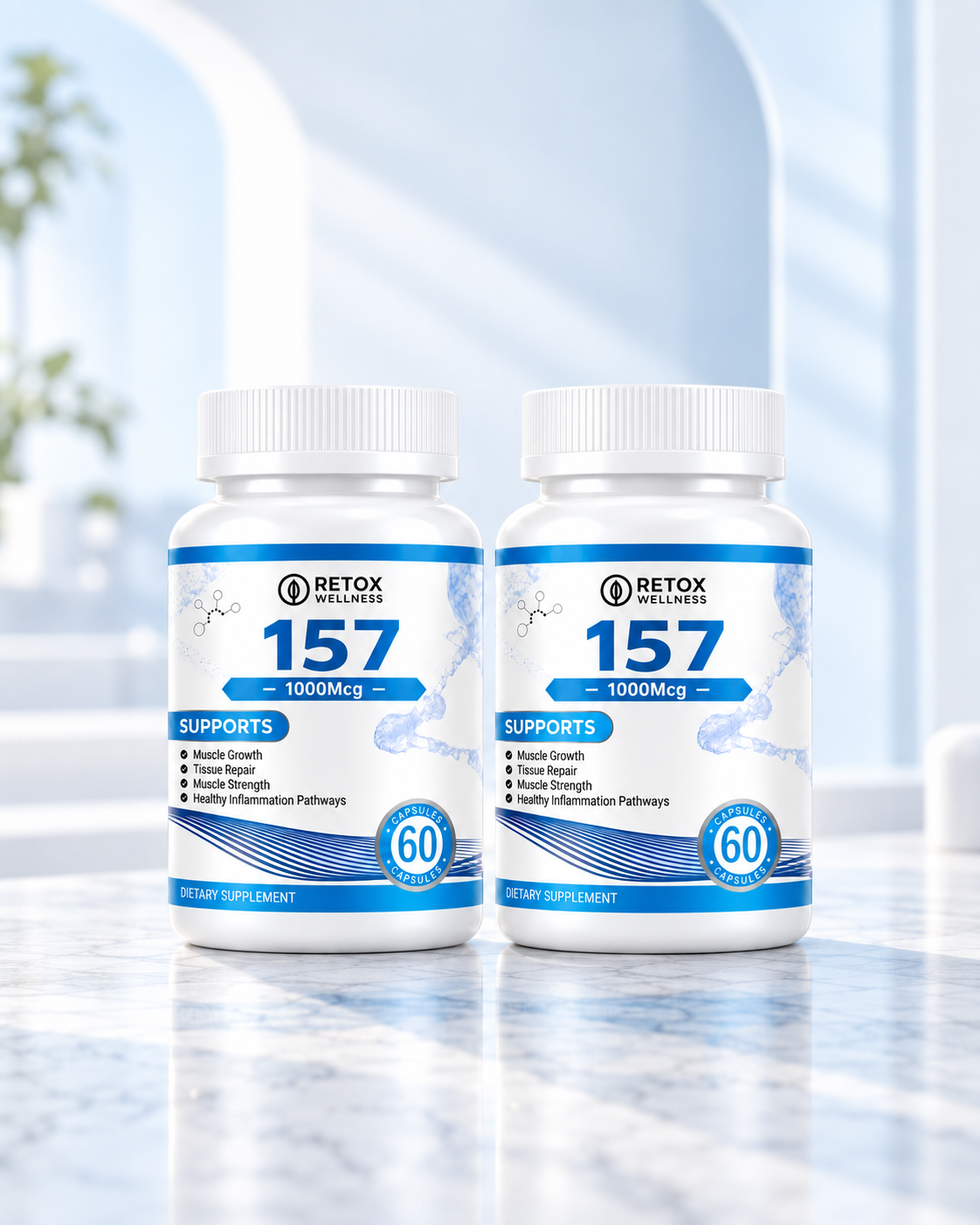 Two white bottles of Retox Wellbeing 157 dietary supplement with blue and white labels,